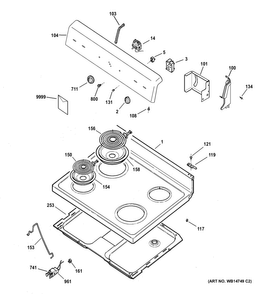 Control Panel & Cooktop Diagram and Parts List for RB525DD2WW  Hotpoint Range