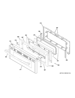 Upper Door Diagram and Parts List for PGB960FEJ1DS  General Electric Range