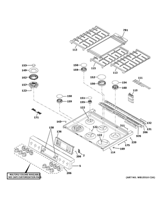 Control Panel & Cooktop Diagram and Parts List for C2S950P2M1S1  General Electric Range
