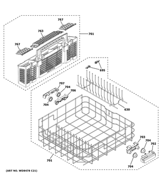 Lower Rack Assembly Diagram and Parts List for GDF565SSN0SS  General Electric Dishwasher