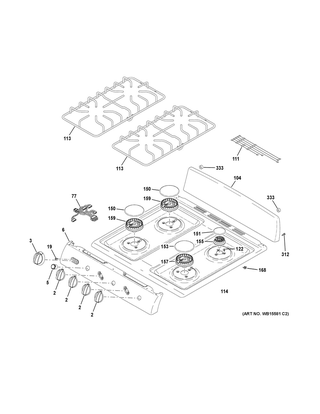 Control Panel & Cooktop Diagram and Parts List for RGAS300DM1WW  General Electric Range