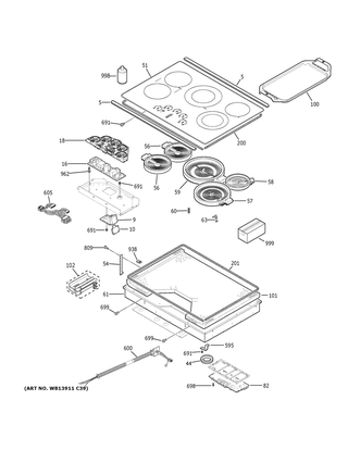Control Panel & Cooktop Diagram and Parts List for CEP90302N1SS  General Electric Cooktop