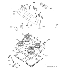Control Panel & Cooktop Diagram and Parts List for JB255RJ1SS  General Electric Range