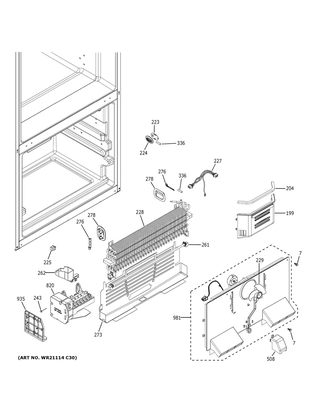 Freezer Section Diagram and Parts List for QNE27JSMAFSS  General Electric Refrigerator
