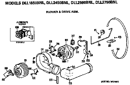 Blower And Drive Assembly Diagram and Parts List for DLL1550BNL  Hotpoint Dryer