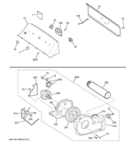Backsplash, Blower & Motor Assembly Diagram and Parts List for HTX24GASK0WW  Hotpoint Dryer