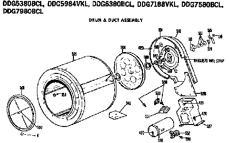 Drum And Duct Assembly Diagram and Parts List for DDG7188VKL  General Electric Dryer