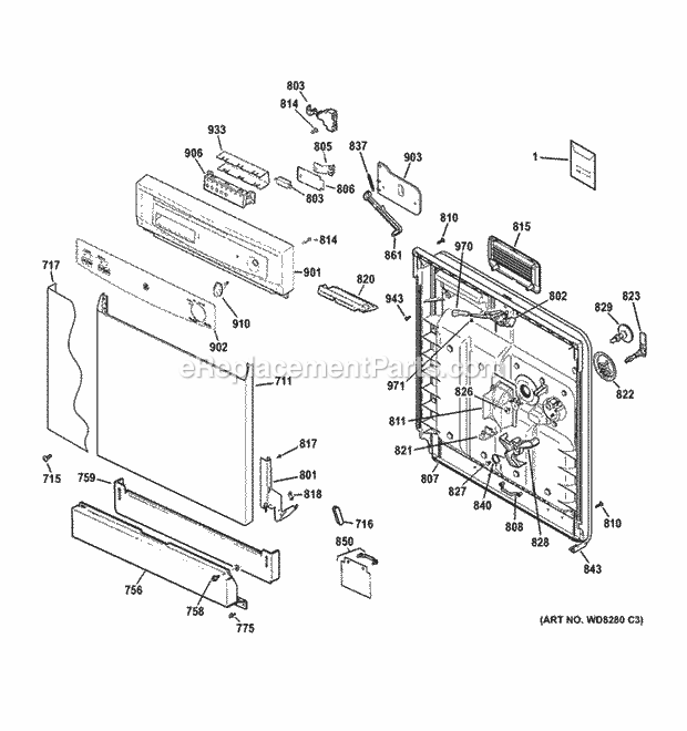 Escutcheon & Door Assembly Diagram and Parts List for GSD3360D35SS  General Electric Dishwasher