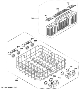 Lower Rack Assembly Diagram and Parts List for GDT645SFN4DS  General Electric Dishwasher
