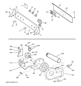Backsplash, Blower & Motor Assembly Diagram and Parts List for GHDP490EF5WW  General Electric Dryer