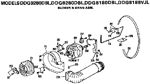 Blower And Drive Assembly Diagram and Parts List for DDG8180DBL  General Electric Dryer
