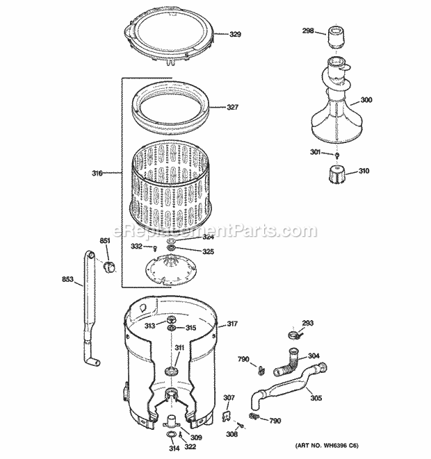 Tub, Basket & Agitator Diagram and Parts List for GTWN4250M1WS  General Electric Washer