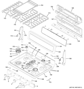 Control Panel & Cooktop Diagram and Parts List for PGB930SEJ1SS  General Electric Range