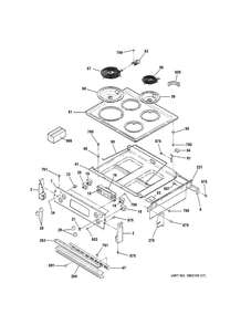 Control Panel And Cooktop Diagram and Parts List for JM250DT2WW  General Electric Range