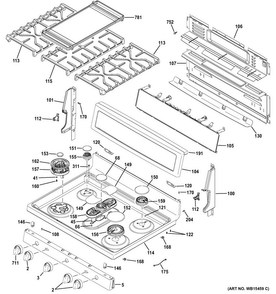 Control Panel & Cooktop Diagram and Parts List for PGB930SEJ2SS  General Electric Range