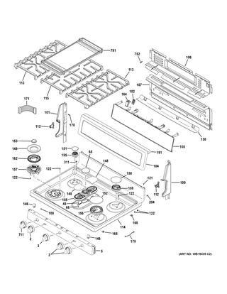 Control Panel & Cooktop Diagram and Parts List for P2B940SEJ6SS  General Electric Range