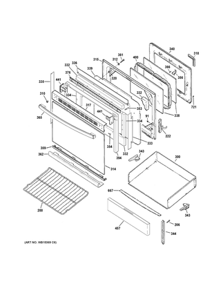 Door & Drawer Parts Diagram and Parts List for JB480DM1BB  General Electric Range