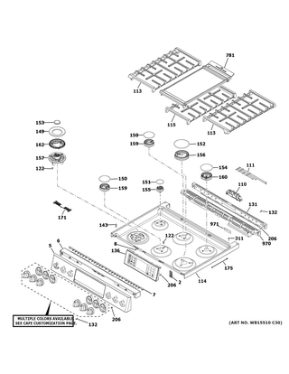 Control Panel & Cooktop Diagram and Parts List for CGS700P4M1W2  General Electric Range