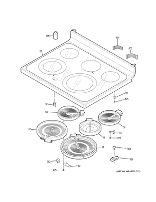Cooktop Diagram and Parts List for JB655FK3DS  General Electric Range
