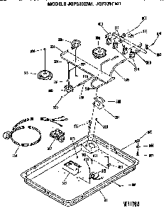 Burner Assembly Diagram and Parts List for JGP330EM1  General Electric Cooktop