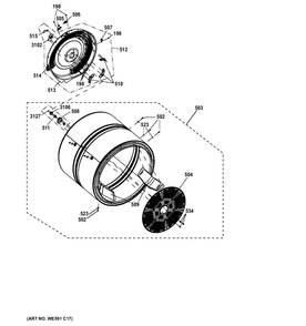 Drum Diagram and Parts List for GFDL110EH0WW  General Electric Dryer