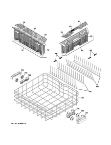 Lower Rack Assembly Diagram and Parts List for GDF540HMF2ES  General Electric Dishwasher
