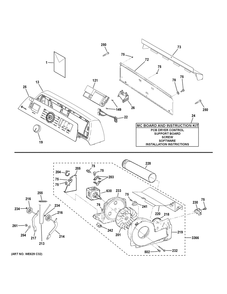 Backsplash, Blower And Motor Assembly Diagram and Parts List for PTD90EBPT1DG  General Electric Dryer