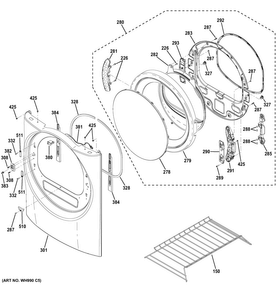 Front Panel & Door Diagram and Parts List for GFDR480EF1WW  General Electric Dryer