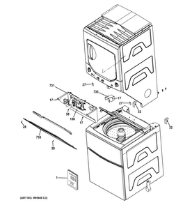 Cabinet Diagram and Parts List for GTUP240GM6WW  General Electric Washer Dryer Combo