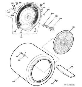 Drum Diagram and Parts List for GTDL210ED3WW  General Electric Dryer