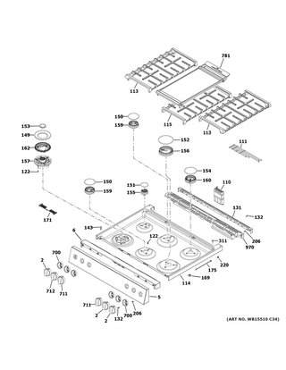 Control Panel & Cooktop Diagram and Parts List for C2S950M2N1S5  General Electric Range