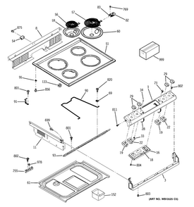 Control Panel & Cooktop Diagram and Parts List for JDP39WK5WW  General Electric Range