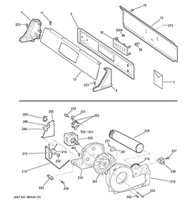 Backsplash, Blower & Motor Assembly Diagram and Parts List for DNCD450EGCWC  General Electric Dryer