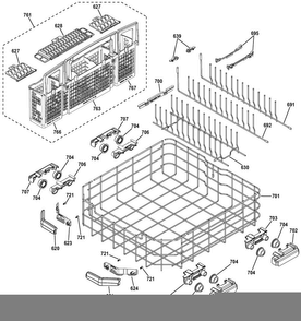Lower Rack Assembly Diagram and Parts List for PDT750SMF7ES  General Electric Dishwasher