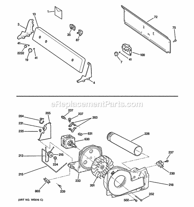 Backsplash, Blower & Motor Assembly Diagram and Parts List for HTDX100PD1WW  General Electric Dryer