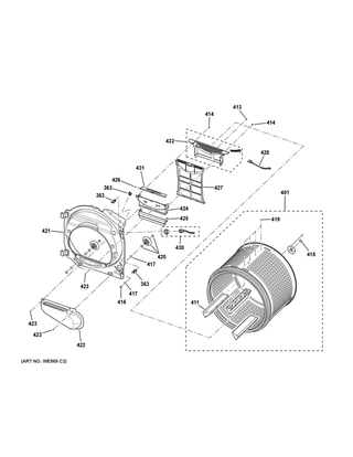 Drum Diagram and Parts List for DCVH480EK1WW  General Electric Dryer