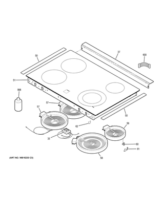 Cooktop Diagram and Parts List for JD630DF8BB  General Electric Range