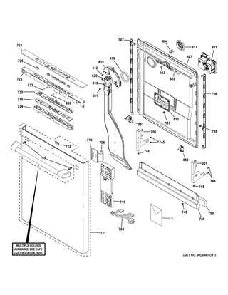 Escutcheon & Door Assembly Diagram and Parts List for CDT836P3M5D1  General Electric Dishwasher