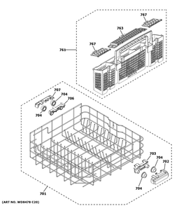 Lower Rack Assembly Diagram and Parts List for GDT645SGN0BB  General Electric Dishwasher