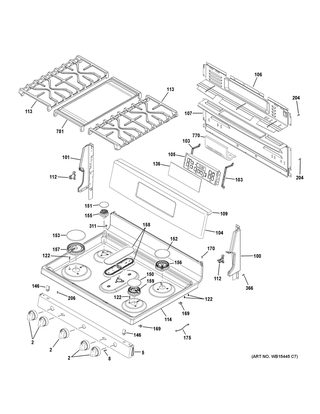 Control Panel & Cooktop Diagram and Parts List for JGB700BEJ1TS  General Electric Range