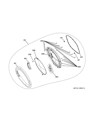 Door Diagram and Parts List for GFD40ESCM0WW  General Electric Dryer