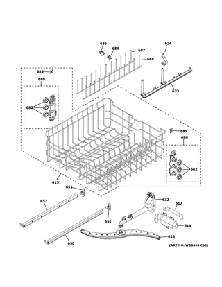 Upper Rack Assembly Diagram and Parts List for CDT800P2N0S1  General Electric Dishwasher
