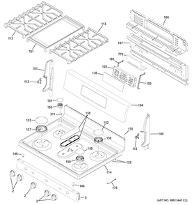Control Panel & Cooktop Diagram and Parts List for JGB700DEJ1WW  General Electric Range
