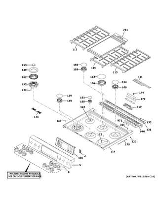 Control Panel & Cooktop Diagram and Parts List for CGS750P2M2S1  General Electric Range