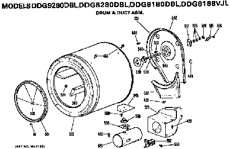 Drum And Duct Assembly Diagram and Parts List for DDG8180DBL  General Electric Dryer