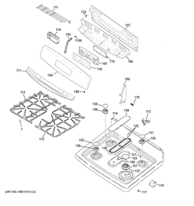 Control Panel & Cooktop Diagram and Parts List for JGB690EEF1ES  General Electric Range
