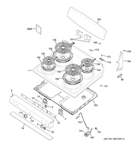 Control Panel & Cooktop Diagram and Parts List for JBS45DF1WW  General Electric Range