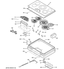 Control Panel & Cooktop Diagram and Parts List for PP9036DJ1BB  General Electric Cooktop