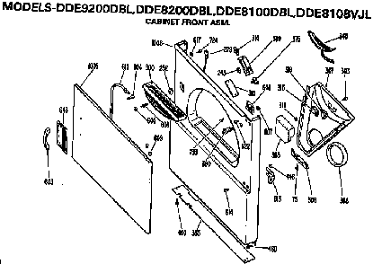 Cabinet Front Assembly Diagram and Parts List for DDE8100DBL  General Electric Dryer