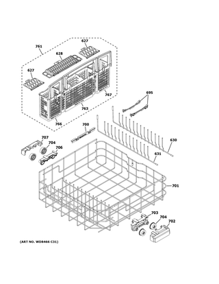 Lower Rack Assembly Diagram and Parts List for CDT800P2N0S1  General Electric Dishwasher